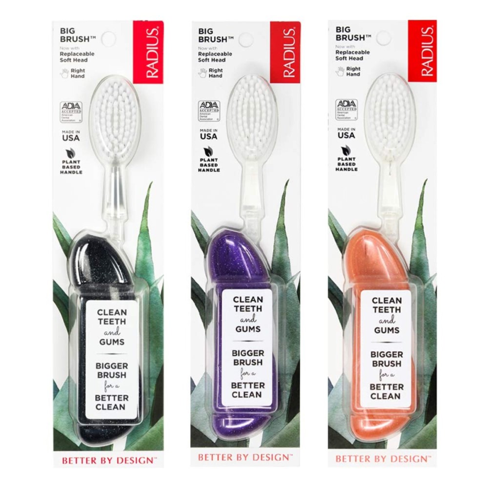 RADIUS Big Brush with Replaceable Head BPA Free & ADA Accepted Toothbrush Designed to Improve Gum Health & Reduce Gum Issues - Right Hand - Purple/Sea Shell/Midnight Sky - Pack of 3