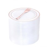 WELLIFE 240 Pieces Rose Gold Plastic Dessert Plates with Disposable Forks, Includes 120 Pcs Appetizers Plates 6.3 inch, 120 Pcs Rose Gold Forks, Perfect for Party and Weddings