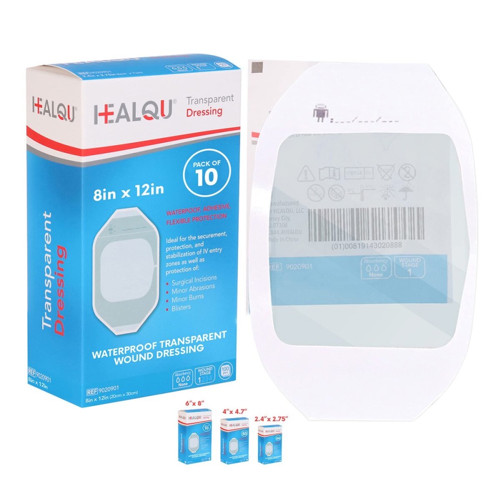 Transparent Film Dressing 8 x 12 (10 Pack) - Waterproof Adhesive Wound Bandages for Post-Surgical Shower, IV Shield, Tattoo Aftercare, Clear Breathable Dressing Patches by HEALQU