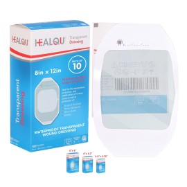 Transparent Film Dressing 8 x 12 (10 Pack) - Waterproof Adhesive Wound Bandages for Post-Surgical Shower, IV Shield, Tattoo Aftercare, Clear Breathable Dressing Patches by HEALQU