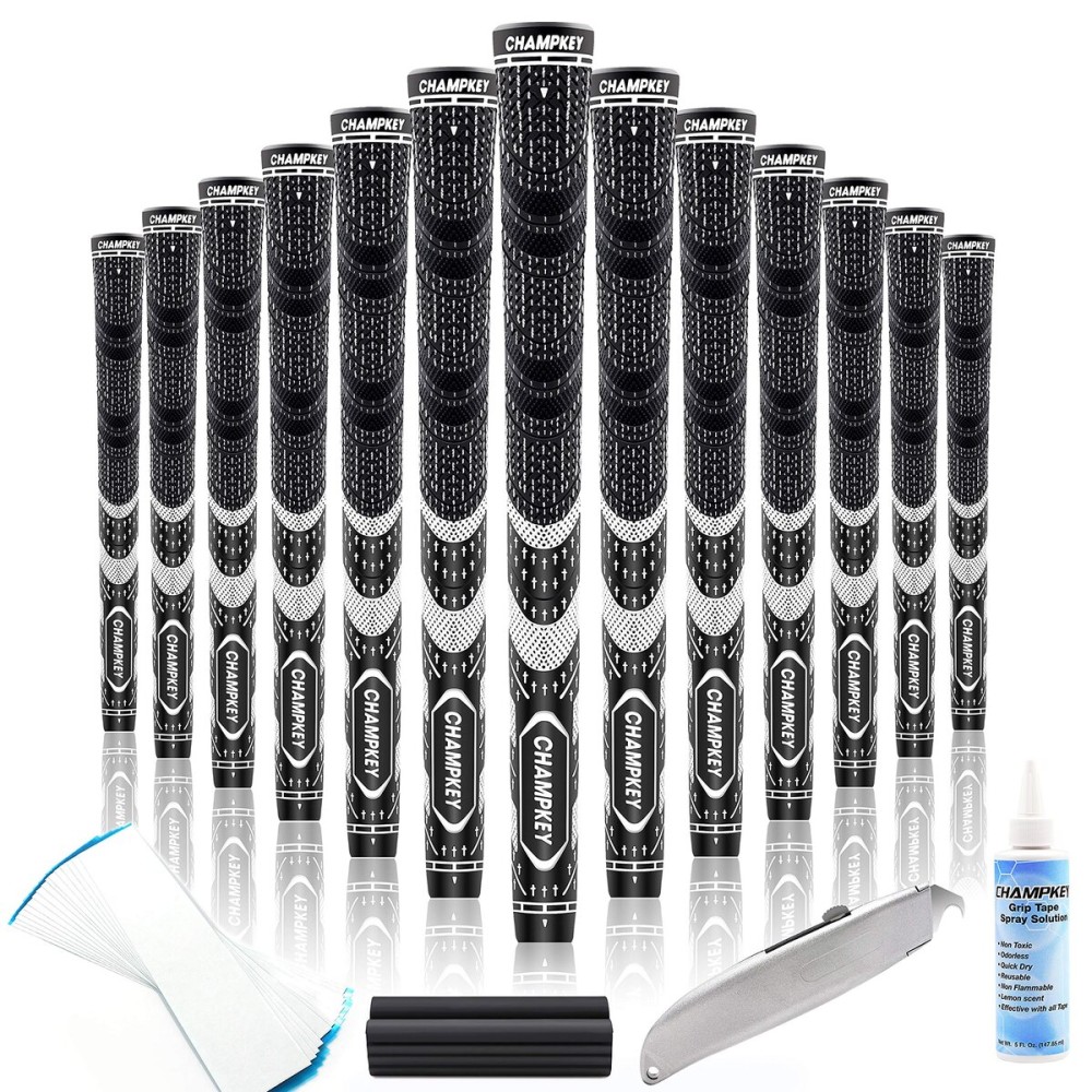 CHAMPKEY Premium Hybrid Golf Grips 13 Pack with All Repair Kits - All Weather Performance Golf Club Grips - High Traction and Control Half Corded Golf Grips for Men(Black,Standard)