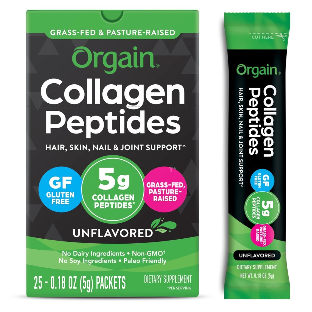 Orgain Hydrolyzed Collagen Peptides Travel Packets For Women & Men - 5g Grass Fed Collagen Per Serving, Hair, Skin, Nail & Joint Support Supplement, Non-GMO, Type I & III - Unflavored (25 Count)
