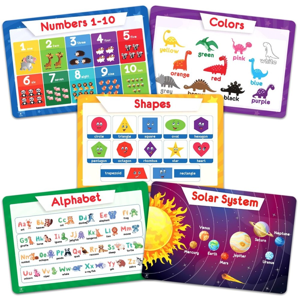 Simply Magic 5 Educational Placemats for Kids - Kids Placemats Non Slip, Washable Reusable Plastic Place Mats for Toddler, Alphabet ABC, Shapes, Colors, Numbers, Solar System Learning Place Mats