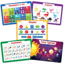 Simply Magic 5 Educational Placemats for Kids - Kids Placemats Non Slip, Washable Reusable Plastic Place Mats for Toddler, Alphabet ABC, Shapes, Colors, Numbers, Solar System Learning Place Mats