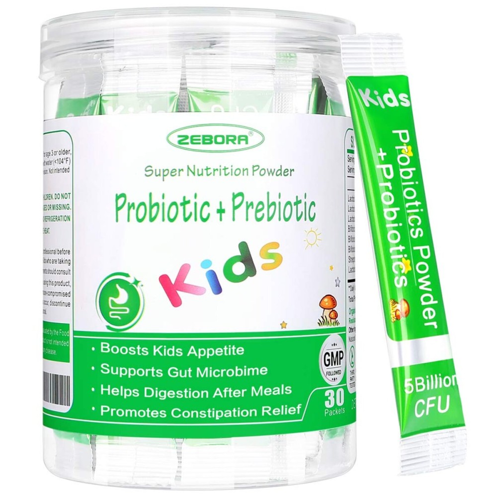 ZEBORA Kids Probiotic & Prebiotics Powder Age 3+ Support Children\'s Digestive & Immune System with Natural Source, Promotes Constipation Relief, Non-GMO, Gluten-Free, 30 Packets with 5 Billion CFUs
