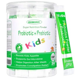 ZEBORA Kids Probiotic & Prebiotics Powder Age 3+ Support Children\'s Digestive & Immune System with Natural Source, Promotes Constipation Relief, Non-GMO, Gluten-Free, 30 Packets with 5 Billion CFUs