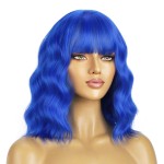BERON 14 Inches Dark Blue Wig Short Curly Wig Women Synthetic Wigs Blue Wigs with Bangs Hairnet Included