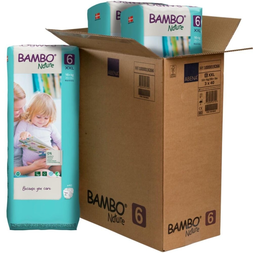 Bambo Nature Hypoallergenic Baby Diapers, Eco-Labeled Diapers, Enhanced Leakage Protection, Totally Chlorine-Free, Skin Friendly, and Super Absorbent - Size 6 (120 Count)
