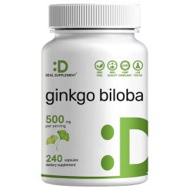 DEAL SUPPLEMENT Ginkgo Biloba 500mg Per Serving, 240 Capsules, 4 Month Supply - Grown in Northern Asia - Extra Strength, Promotes Brain Function