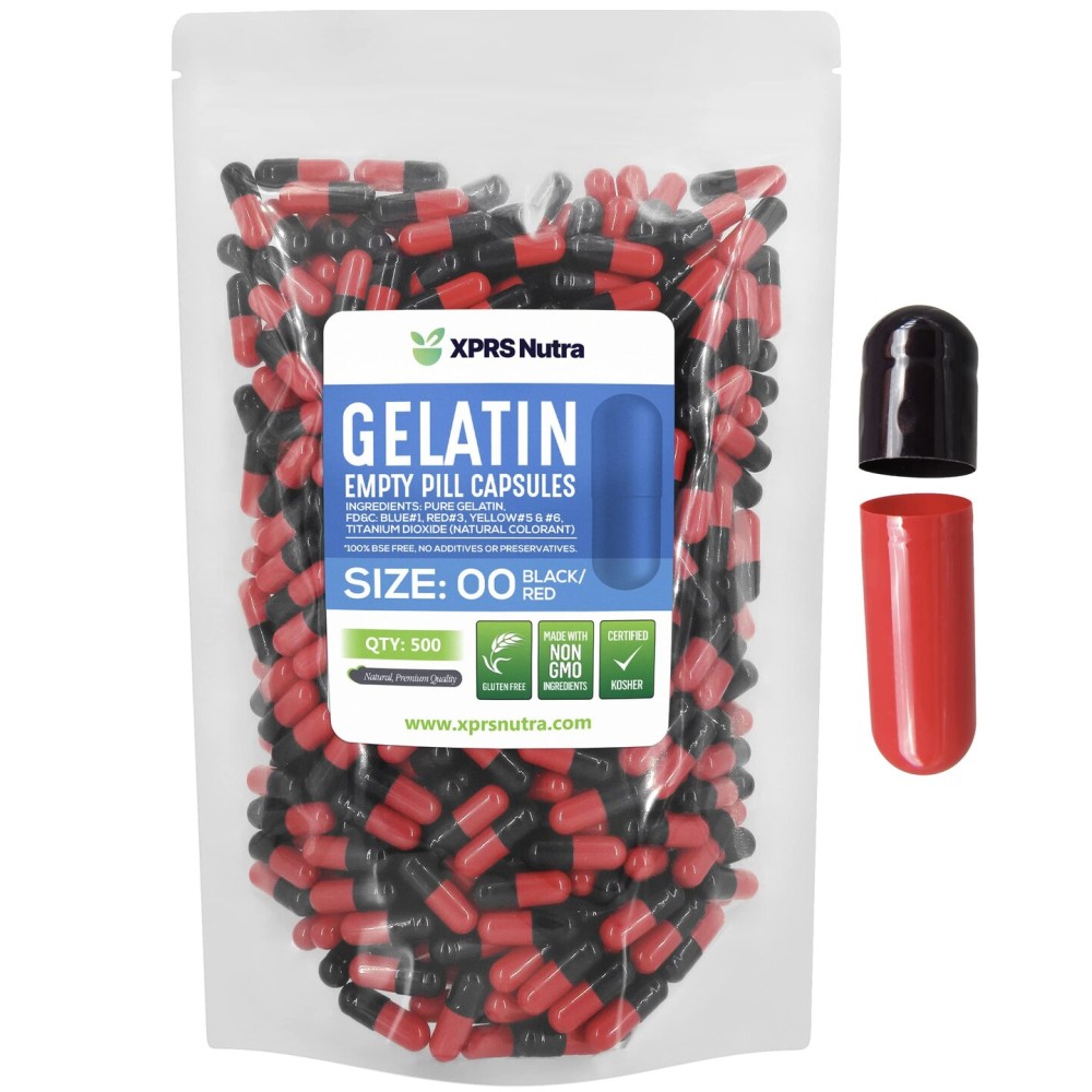 XPRS Nutra Size 00 Empty Capsules - 500 Count Empty Gelatin Capsules - Pills DIY Capsule Filling - Fillable Pill Gel Caps for Do-It-Yourself Supplements (Black/Red)