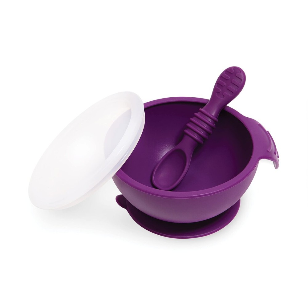 Bumkins Suction Silicone Baby Feeding Set, Bowl, Lid, Spoon, BPA-Free, First Feeding, Baby Led Weaning - Purple