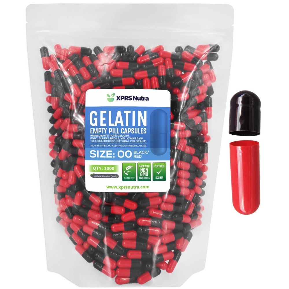 XPRS Nutra Size 00 Empty Capsules - 1000 Count Empty Gelatin Capsules - Pills DIY Capsule Filling - Fillable Pill Gel Caps for Do-It-Yourself Supplements (Black/Red)