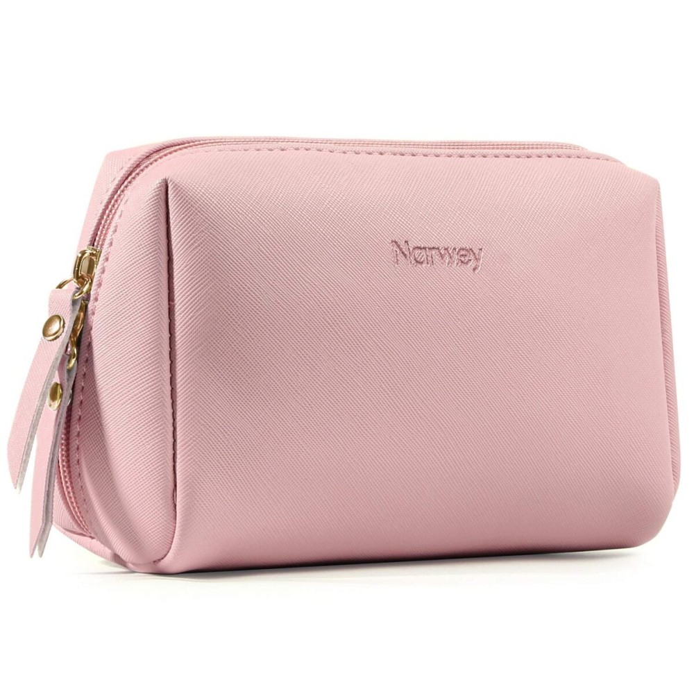 Narwey PU Leather Small Pink Makeup Bag for Purse Mini Cosmetic Bag Travel Makeup Pouch Zipper Pouch Cute Make up Bags with Compartments for Women Girls (Small, Pink)