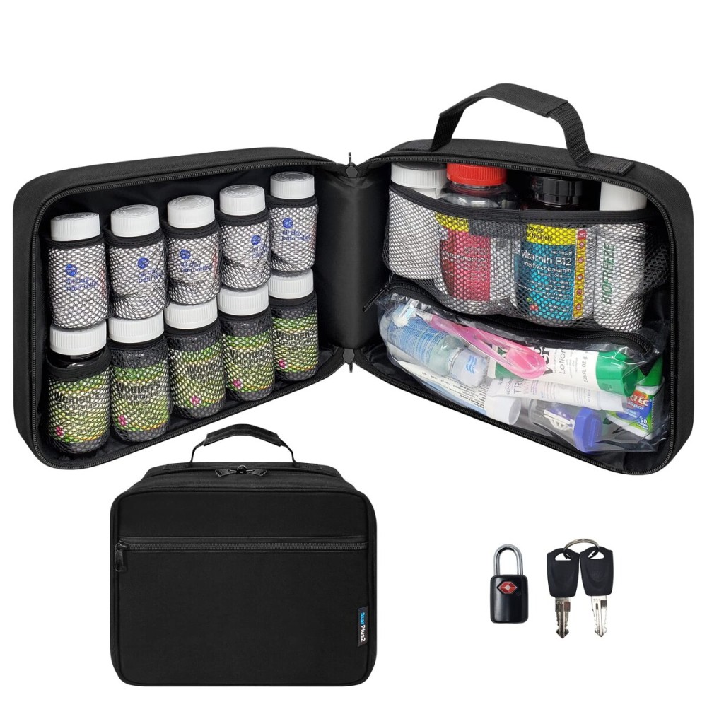StarPlus2 Large Padded Pill Bottle Organizer, Medicine Bag, Case, Carrier for Medications, Vitamins, and Medical Supplies - Travel Medicine Organizer and Home Storage Med Bag - Black (with TSA Lock)