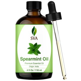 SVA Spearmint Essential Oil - 4 Fl Oz - 100% Natural Spearmint Oil - for Diffuser, Hair Care, Face, Skin Care, Aromatherapy, Scalp and Body Massage, Soap and Candle Making - with Dropper
