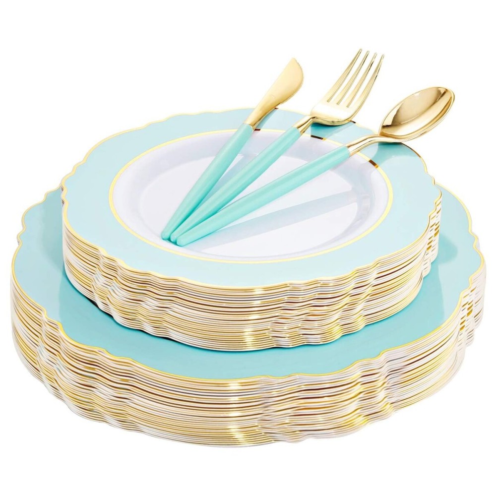 WDF 30Guest Mint Green Plastic Plates & Disposable Gold Silverware With Green Handle-Baroque Green &Gold Plastic Dinnerware for Upscale Party/Picnic/Birthday