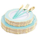 WDF 30Guest Mint Green Plastic Plates & Disposable Gold Silverware With Green Handle-Baroque Green &Gold Plastic Dinnerware for Upscale Party/Picnic/Birthday