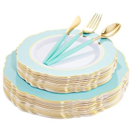 WDF 30Guest Mint Green Plastic Plates & Disposable Gold Silverware With Green Handle-Baroque Green &Gold Plastic Dinnerware for Upscale Party/Picnic/Birthday