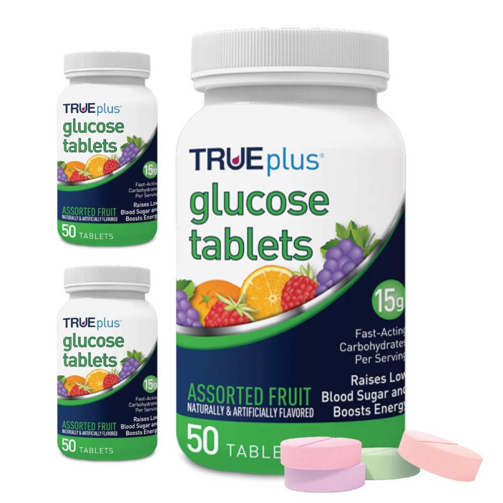 TRUEplus Glucose Tablets, Chewable, Grape, Raspberry, Orange Flavors, 15g Fast-Acting Carbohydrates, Fat Free, Gluten Free, Raise Low Blood Sugar and Boost Energy, 50 Count