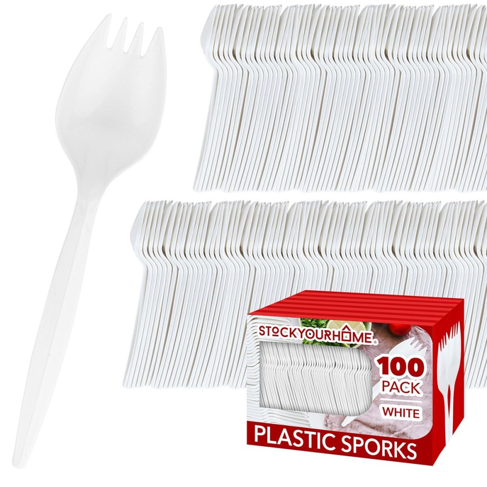 Stock Your Home 100 Disposable Sporks, White Plastic Sporks - Kid Safe 2 in 1 Utensils - Fork Spoon Perfect for School Lunch, Picnics, Catered Events, Restaurants and Kids Birthday Parties