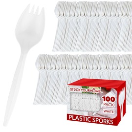 Stock Your Home 100 Disposable Sporks, White Plastic Sporks - Kid Safe 2 in 1 Utensils - Fork Spoon Perfect for School Lunch, Picnics, Catered Events, Restaurants and Kids Birthday Parties