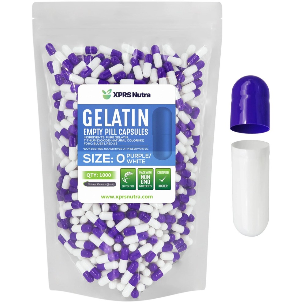 XPRS Nutra Size 0 Empty Capsules - 1000 Count Empty Gelatin Capsules - Pills DIY Capsule Filling - Pure Bovine Pill Gel Caps for Do-It-Yourself Supplements (Purple/White)