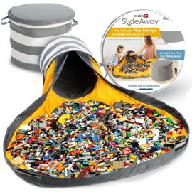 Creative QT SlideAway Toy Storage Organizer & Extra Large 52 Play Mat, Collapsible Storage Bins for Building Bricks, Small Blocks, Toys, Drawstring Cleanup for Kids Playroom & Classroom, Grey Stripes