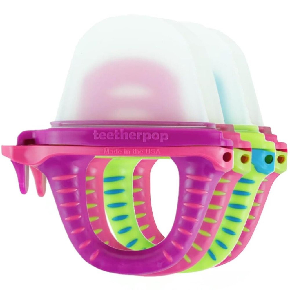 Teetherpop Fillable Silicone Teether for Babies (4-Pack) - Breastmilk Popsicle Molds for Teething w/Spill-Proof Sippy Slits - Freezable Baby Teethers for Liquids & Pures (PinkLemon/LimonTeal/Fucshia)