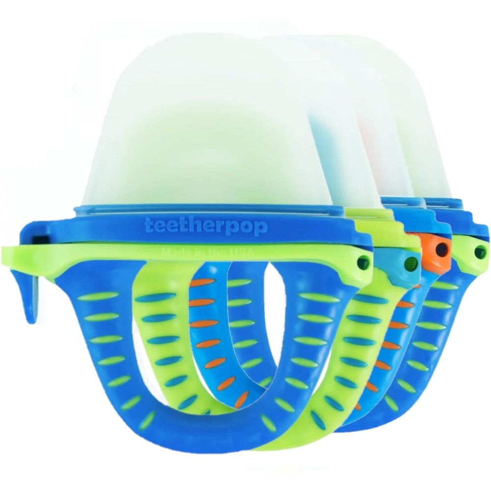 Teetherpop Fillable Silicone Teether for Babies - Breastmilk Popsicle Molds for Teething with Spill-Proof Sippy Slits - Freezable Baby Teethers for Liquids & Pures - Cooling Relief (4-Pack-Blues)