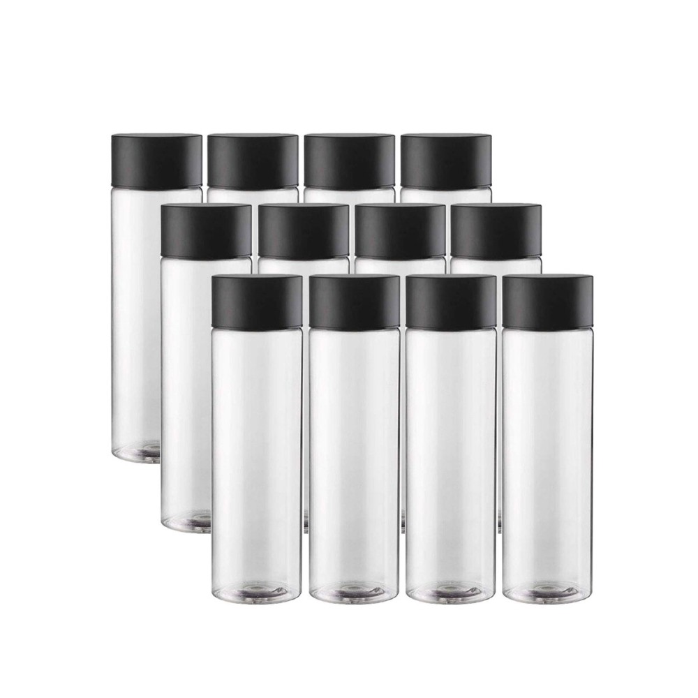 12-Pack Bulk Empty Plastic Reusable Juice / Water Bottles with Black Lids - Great for Smoothies, Sensory Crafts and Calming Bottles - 400ml