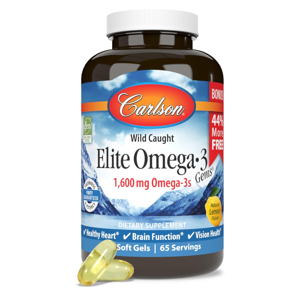 Carlson - Elite Omega-3 Gems, 1600 mg Omega-3 Fatty Acids Including EPA and DHA, Norwegian, Wild-Caught Fish Oil Supplement, Sustainably Sourced Omega 3 Fish Oil Capsules, Lemon, 130 Softgels