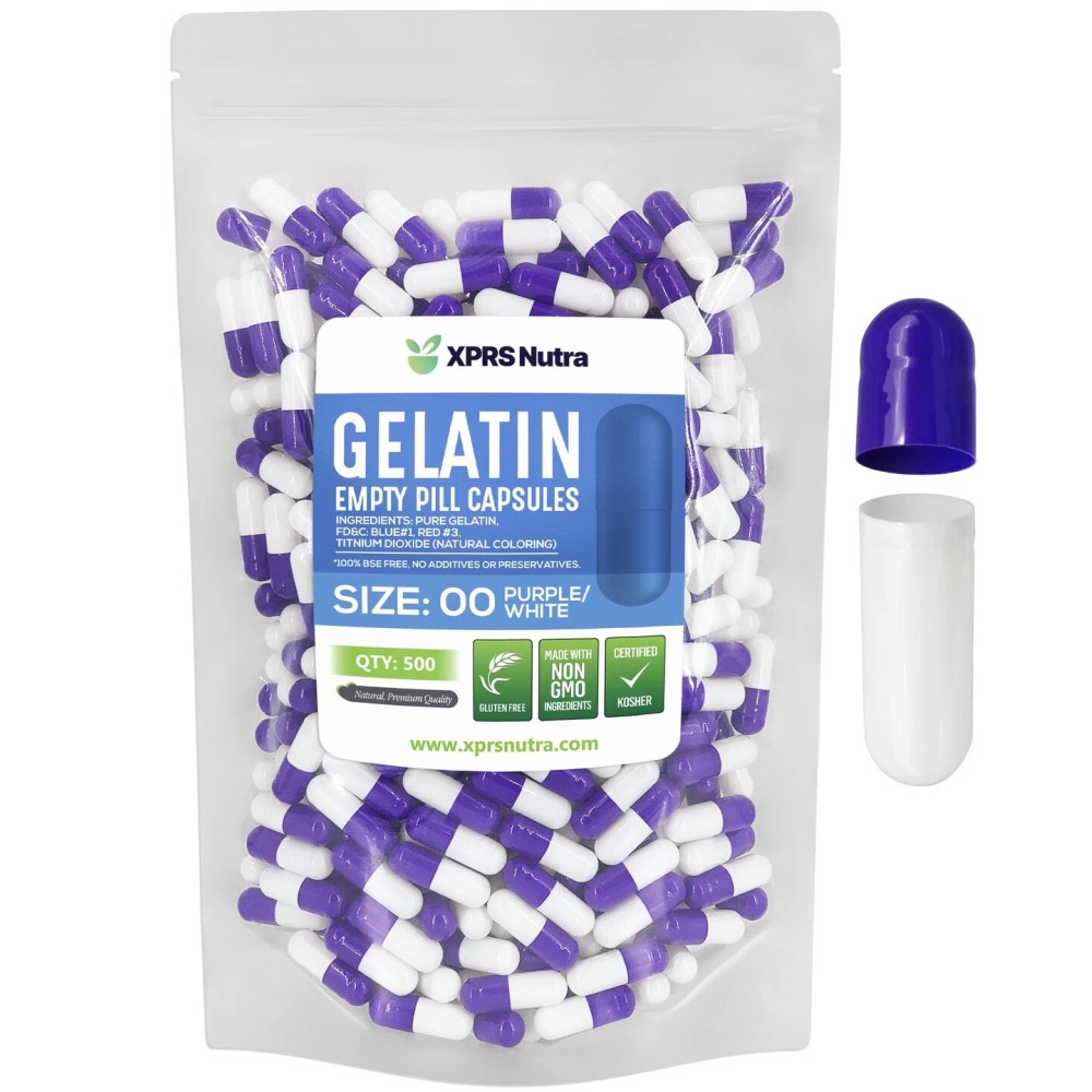 XPRS Nutra Size 00 Empty Capsules - 500 Count Empty Gelatin Capsules - Pills DIY Capsule Filling - Fillable Pill Gel Caps for Do-It-Yourself Supplements (Purple/White)