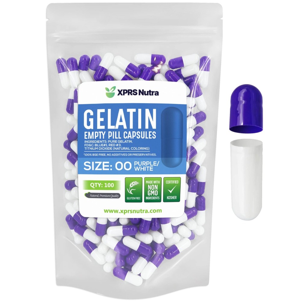 XPRS Nutra Size 00 Empty Capsules - 100 Count Empty Gelatin Capsules - Pills DIY Capsule Filling - Fillable Pill Gel Caps for Do-It-Yourself Supplements (Purple/White)