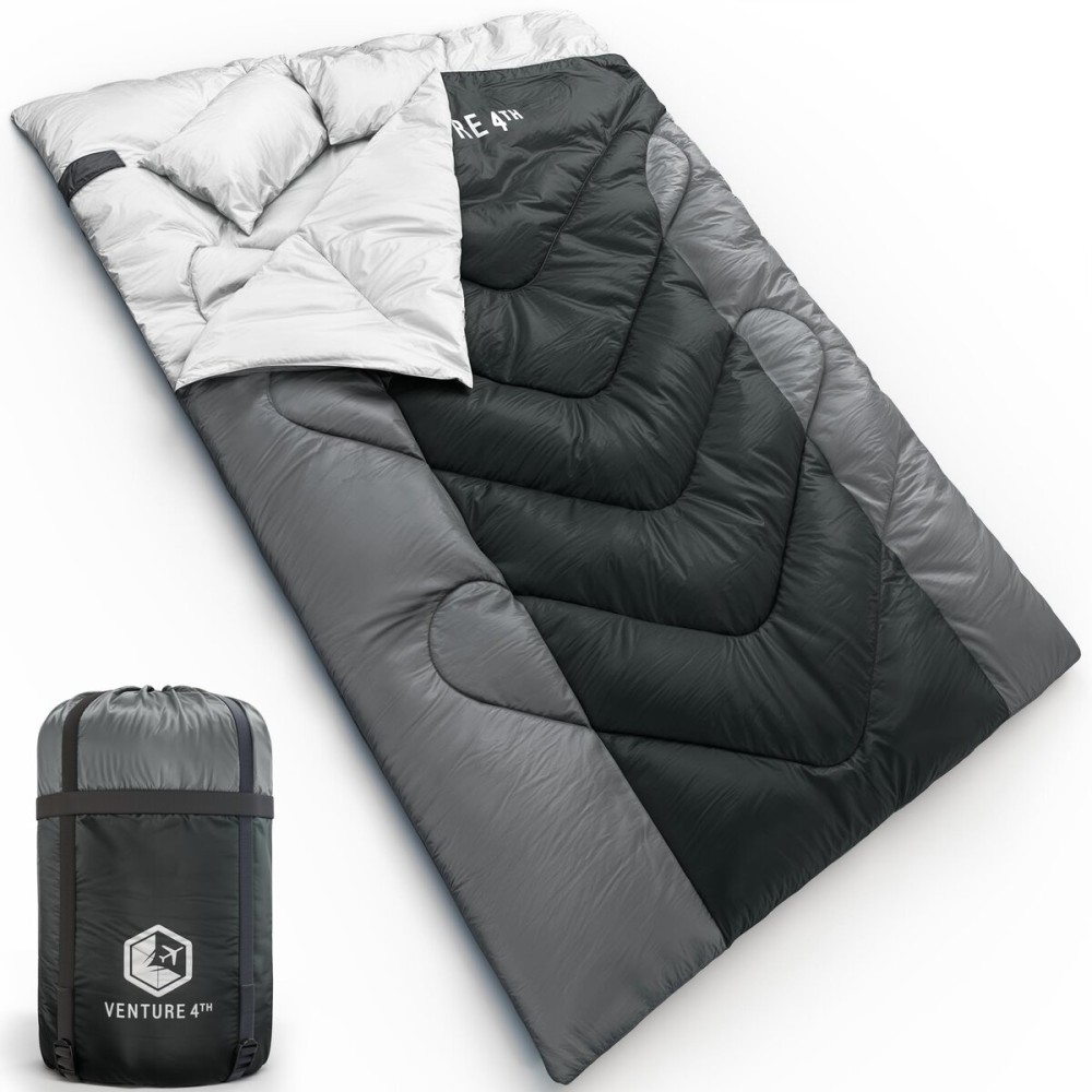 VENTURE 4TH Double 3-Season Backpacking Sleeping Bag, Camping Sleeping Bags for Adults, Kids & Couples - Lightweight, Comfortable, Water Resistant, Ideal for Hiking, Camping & Outdoor - Black/Silver