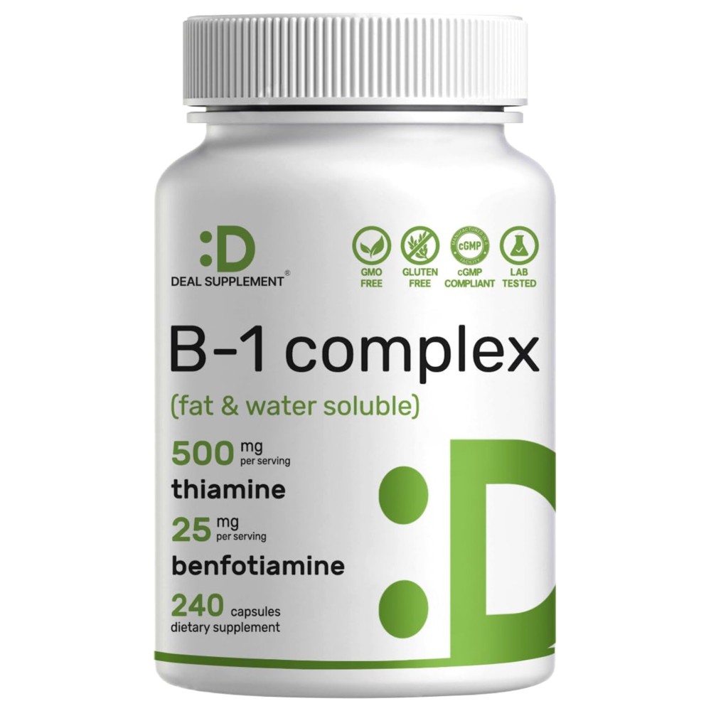 DEAL SUPPLEMENT Vitamin B1 500mg with Benfotiamine, 240 Capsules - 2 in 1 Enhanced Formula - Fat & Water Soluble Thiamine B1 Supplement - Third Party Tested, Non-GMO, No Gluten
