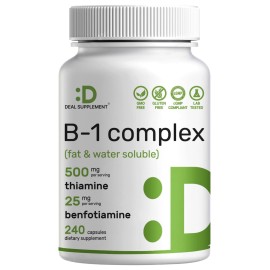 DEAL SUPPLEMENT Vitamin B1 500mg with Benfotiamine, 240 Capsules - 2 in 1 Enhanced Formula - Fat & Water Soluble Thiamine B1 Supplement - Third Party Tested, Non-GMO, No Gluten