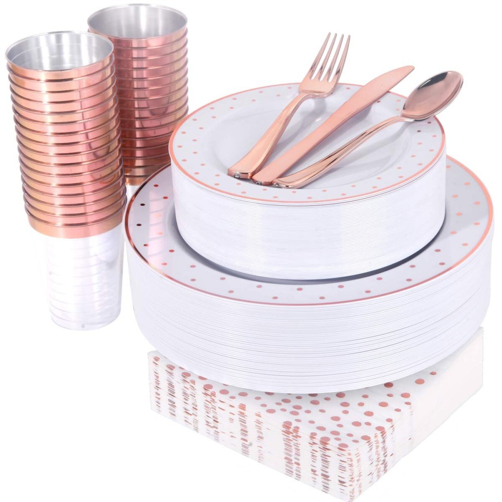 WELLIFE 350 PCS Rose Gold Plastic Plates, Disposable Rose Gold Plates, Includes: 50 Dinner Plate, 50 Dessert Plate, 50 Forks, 50 Knives, 50 Spoons, 50 Cups, 50 Dot Napkins for Weddings and Party