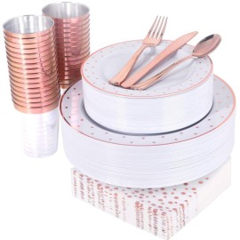 WELLIFE 350 PCS Rose Gold Plastic Plates, Disposable Rose Gold Plates, Includes: 50 Dinner Plate, 50 Dessert Plate, 50 Forks, 50 Knives, 50 Spoons, 50 Cups, 50 Dot Napkins for Weddings and Party