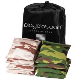 Play Platoon Weather Resistant Cornhole Bags - Set of 8 Regulation Corn Hole Bean Bags - Green Camo & Desert Camo - Durable Duck Cloth Corn Hole Bag for Tossing Game, Includes Tote Bag