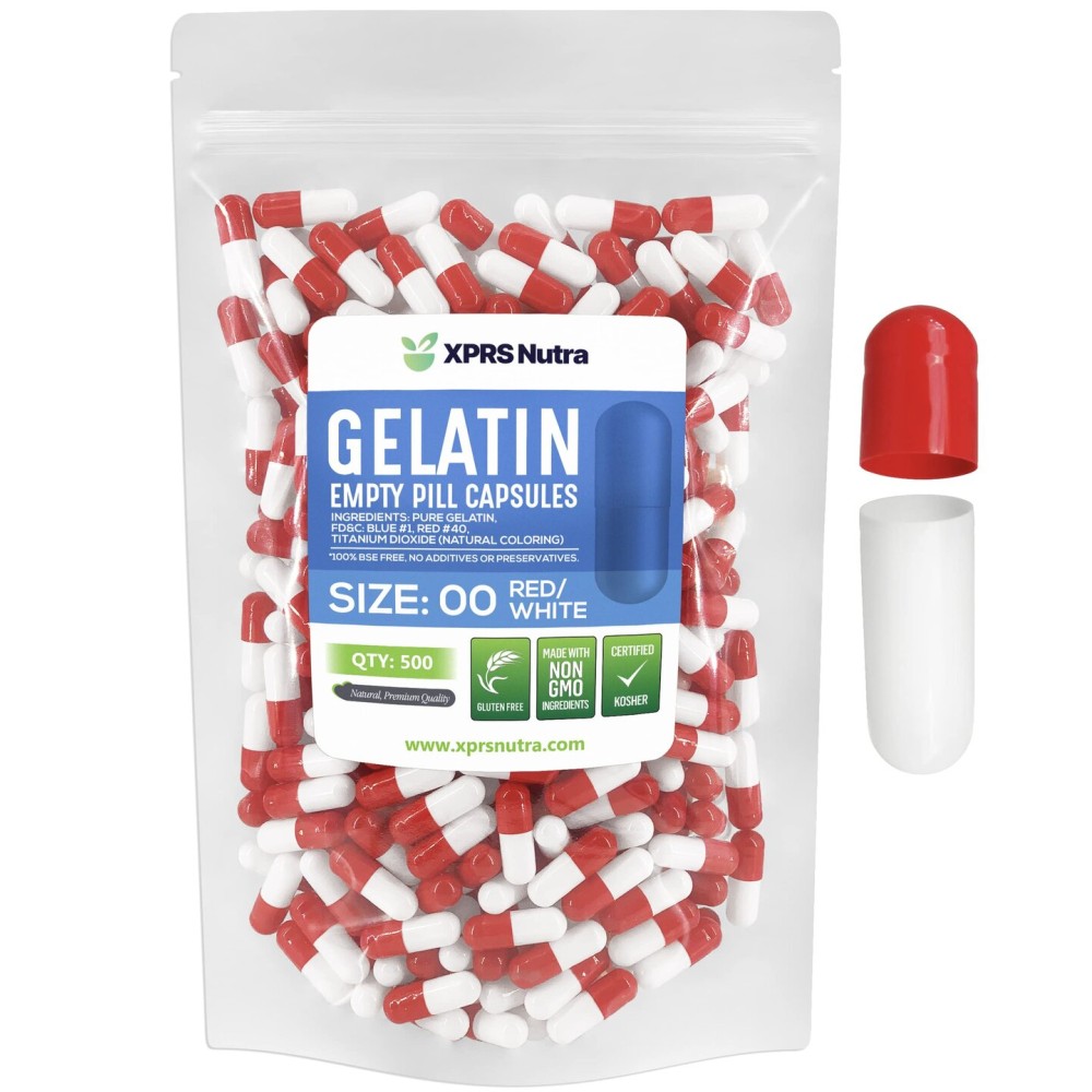 XPRS Nutra Size 00 Empty Capsules - 500 Count Empty Gelatin Capsules - DIY Capsule Filling - Fillable Pill Gel Caps for Do-It-Yourself Supplements (Red/White)