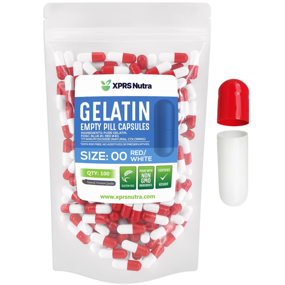XPRS Nutra Size 00 Empty Capsules - 100 Count Empty Gelatin Capsules - Pills DIY Capsule Filling - Fillable Pill Gel Caps for Do-It-Yourself Supplements (Red/White)