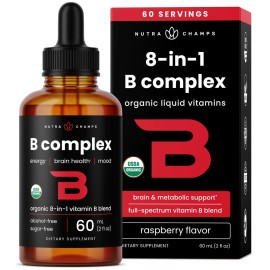 USDA Organic Vitamin B Complex Liquid Drops | B Vitamins Complex Supplement with B1, B2, B3, B6, B7, B9 & Methyl B12 Drops for Adults & Kids | Vegan Berry Flavor 2oz | 60 Servings / 2 Month Supply