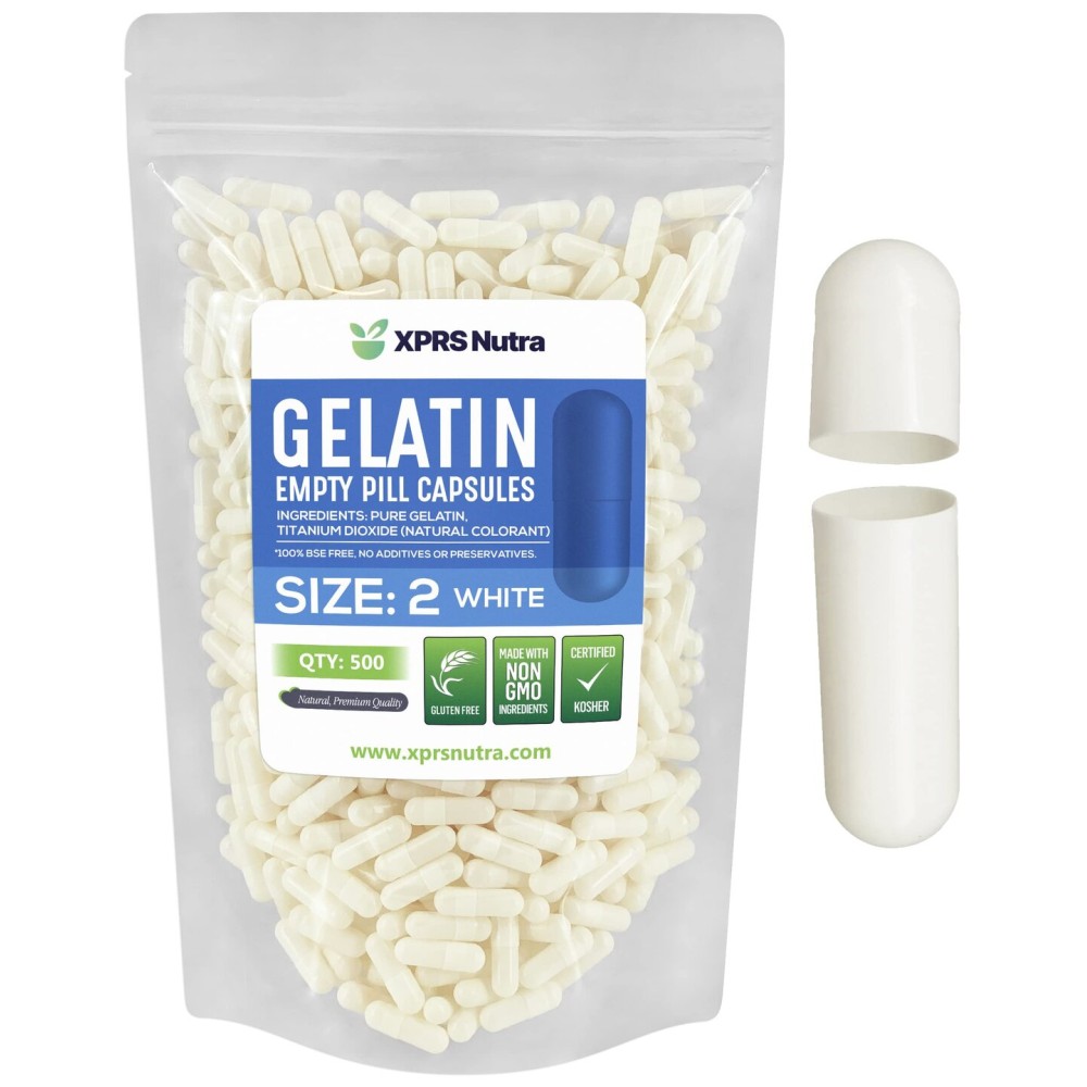 XPRS Nutra Size 2 Empty Capsules - 500 Count Empty Gelatin Capsules - Pills DIY Capsule Filling - Pure Bovine Pill Gel Caps for Do-It-Yourself Supplements (White)