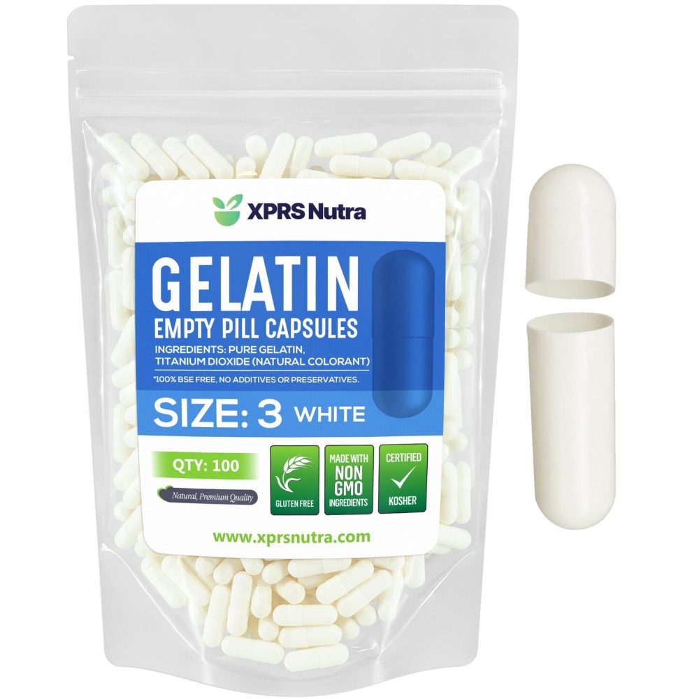 XPRS Nutra Size 3 Empty Capsules - 100 Count Empty Gelatin Capsules - Pills DIY Capsule Filling - Pure Bovine Pill Gel Caps Fillable Do-It-Yourself Vitamins and Supplements (White)