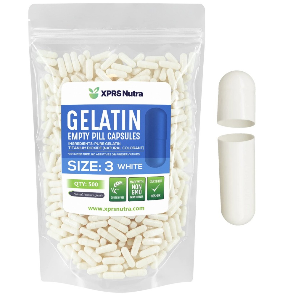 XPRS Nutra Size 3 Empty Capsules - 500 Empty Gelatin Capsules - Pills DIY Capsule Filling - Pure Bovine Pill Gel Caps Fillable Do-It-Yourself Vitamins and Supplements (White)