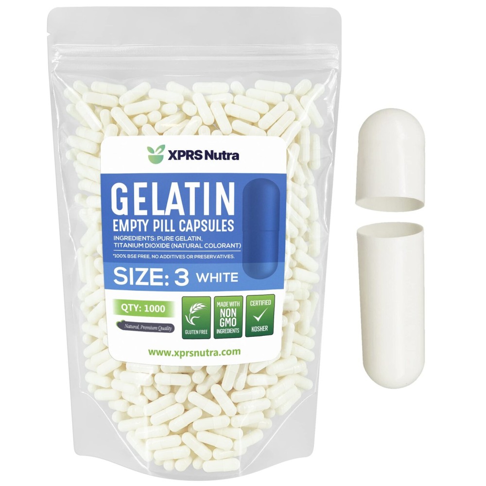 XPRS Nutra Size 3 Empty Capsules - 1000 Count Empty Gelatin Capsules - Pills DIY Capsule Filling - Pure Bovine Pill Gel Caps Fillable Do-It-Yourself Vitamins and Supplements (White)