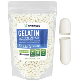 XPRS Nutra Size 3 Empty Capsules - 1000 Count Empty Gelatin Capsules - Pills DIY Capsule Filling - Pure Bovine Pill Gel Caps Fillable Do-It-Yourself Vitamins and Supplements (White)