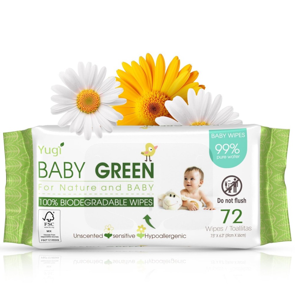 Yugi Green Baby Wipes - Unscented, Compostable, Biodegradable, Plant-Based, Fragrance-Free, for Sensitive Skin & Babies - 1 Pack of 72 (72Count)