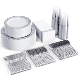FOCUSLINE 350 Ct Silver Dinnerware Set for 50 Guests, Silver Lace Plastic Plates Disposable Heavy Duty, Including 50 Dinner & Dessert Plates, Cups, Napkins, Cutlery Set