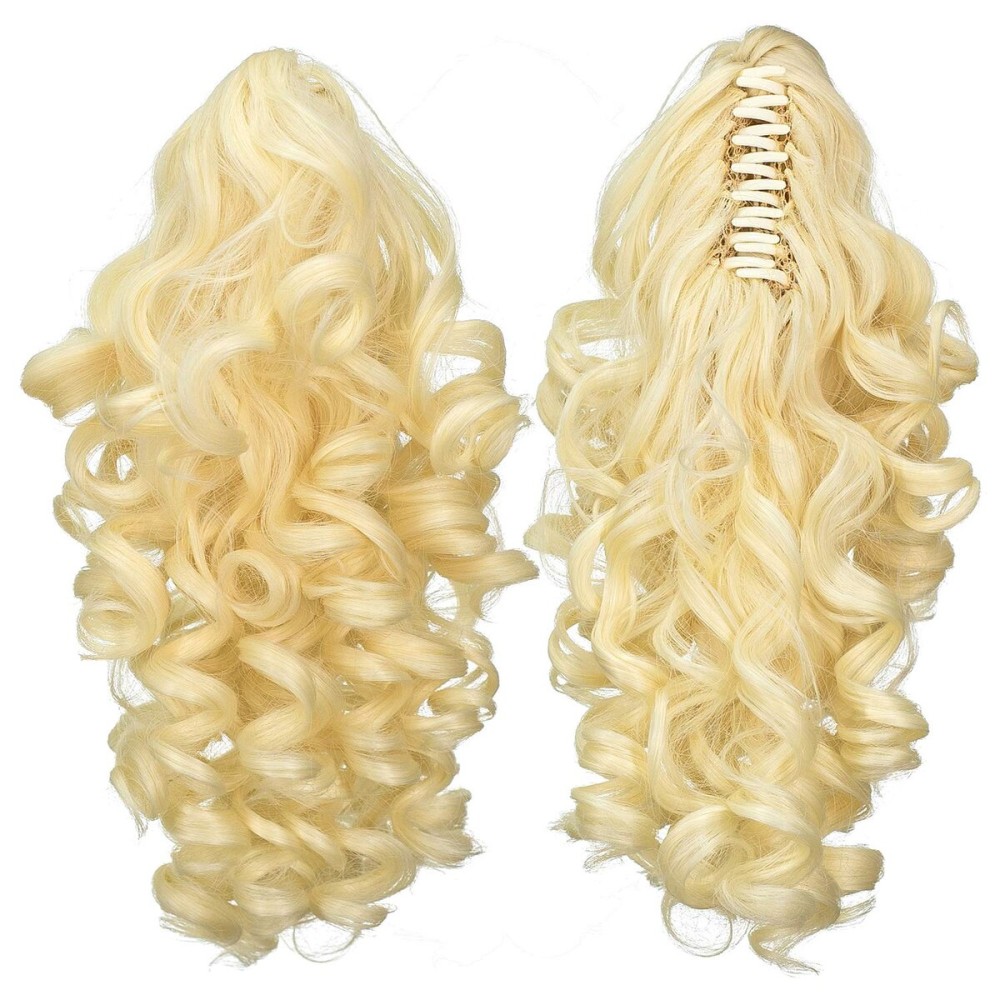 SWACC 12-Inch Short Screw Curls Claw Clip Ponytail Extensions Synthetic Clip in Drawstring Curly Ponytail Hairpiece Jaw Clip Hair Extension (Light Blonde-613)